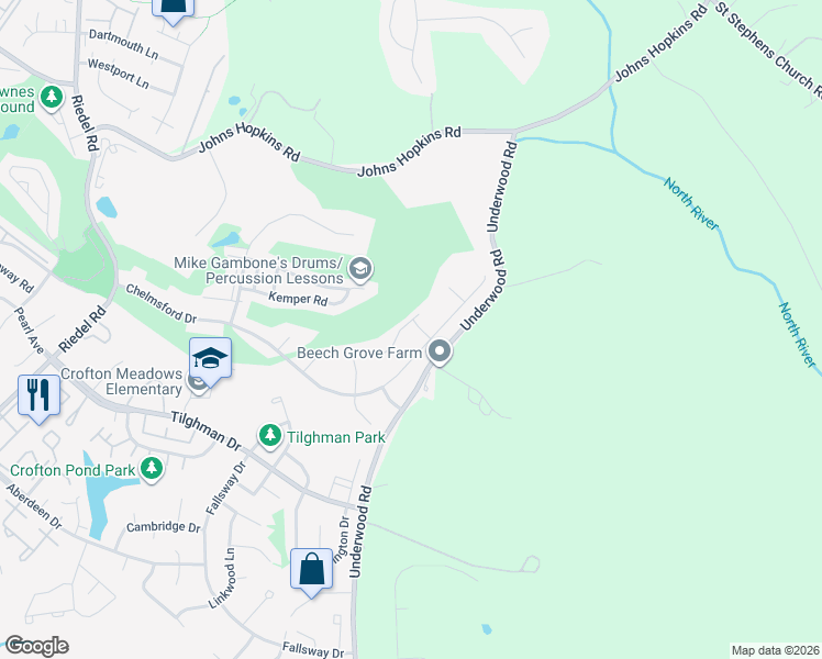 map of restaurants, bars, coffee shops, grocery stores, and more near 2405 Goldenrain Court in Crofton