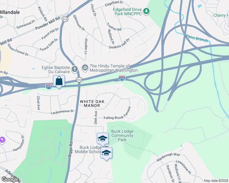 map of restaurants, bars, coffee shops, grocery stores, and more near 2714 Muskogee Street in Adelphi