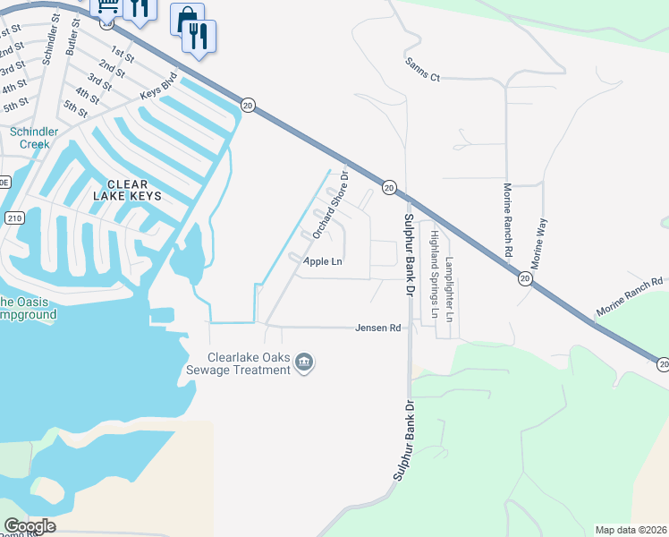 map of restaurants, bars, coffee shops, grocery stores, and more near 14072 Apple Lane in Clearlake Oaks