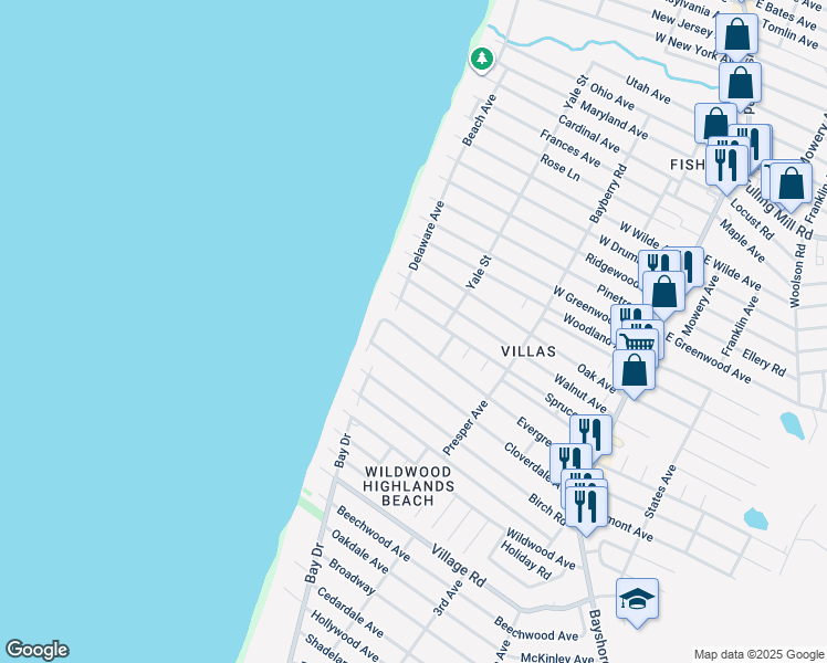 map of restaurants, bars, coffee shops, grocery stores, and more near 341 Evergreen Ave in Villas
