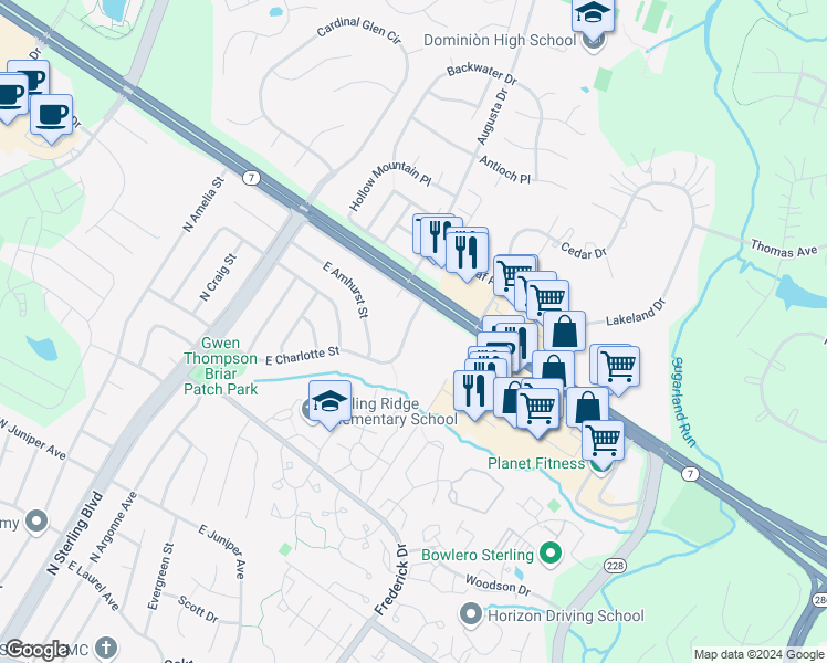 map of restaurants, bars, coffee shops, grocery stores, and more near 617 East Charlotte Street in Sterling