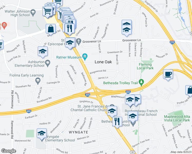 map of restaurants, bars, coffee shops, grocery stores, and more near 5911 Jarvis Lane in Bethesda