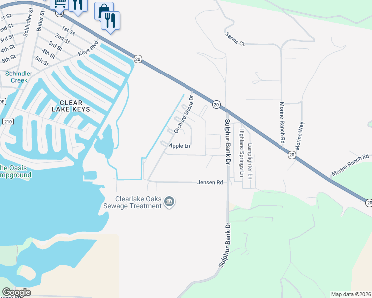 map of restaurants, bars, coffee shops, grocery stores, and more near 14072 Apple Lane in Clearlake Oaks