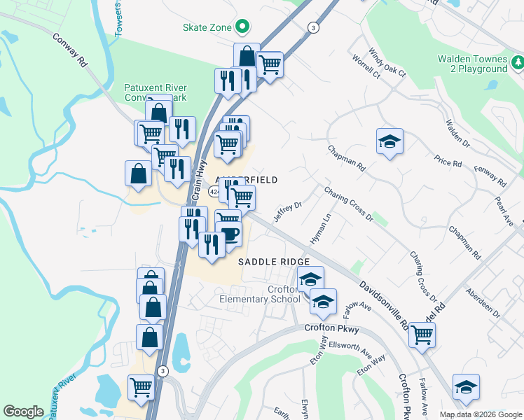 map of restaurants, bars, coffee shops, grocery stores, and more near 1710 Bargers Road in Gambrills