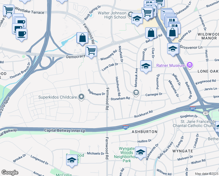 map of restaurants, bars, coffee shops, grocery stores, and more near 9817 Fernwood Road in Bethesda