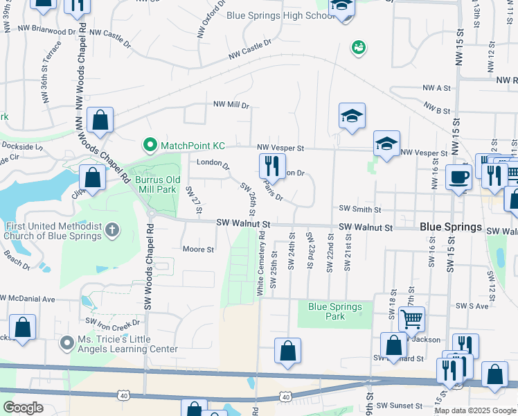 map of restaurants, bars, coffee shops, grocery stores, and more near 2500 Southwest Paris Drive in Blue Springs