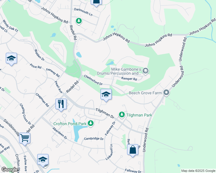 map of restaurants, bars, coffee shops, grocery stores, and more near 2509 Chelmsford Drive in Crofton