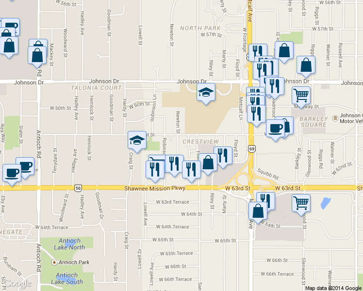map of restaurants, bars, coffee shops, grocery stores, and more near 6115 Newton Street in Mission