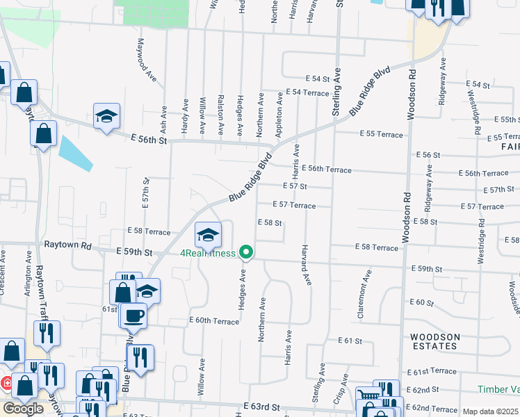 map of restaurants, bars, coffee shops, grocery stores, and more near 10801 East 57 Terrace in Raytown