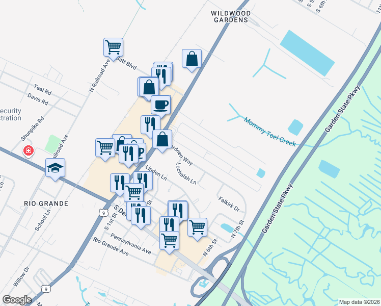 map of restaurants, bars, coffee shops, grocery stores, and more near 220 Maurice Boulevard in Middle Township