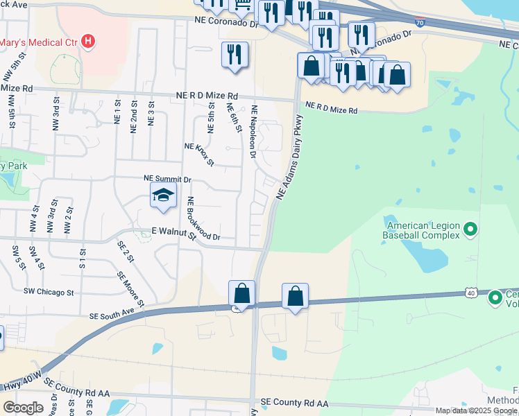 map of restaurants, bars, coffee shops, grocery stores, and more near 323 Northeast Adams Dairy Parkway in Blue Springs