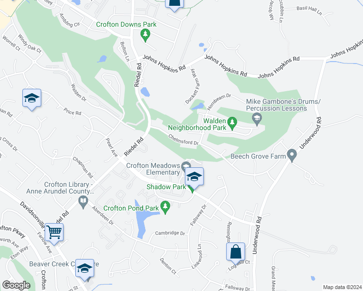 map of restaurants, bars, coffee shops, grocery stores, and more near 2519 Chelmsford Drive in Crofton