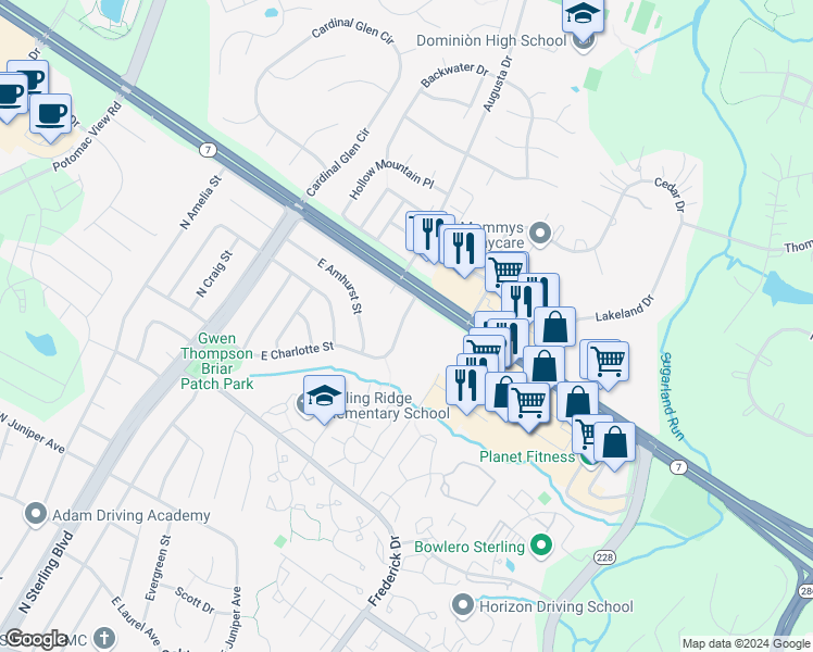 map of restaurants, bars, coffee shops, grocery stores, and more near 617 East Charlotte Street in Sterling