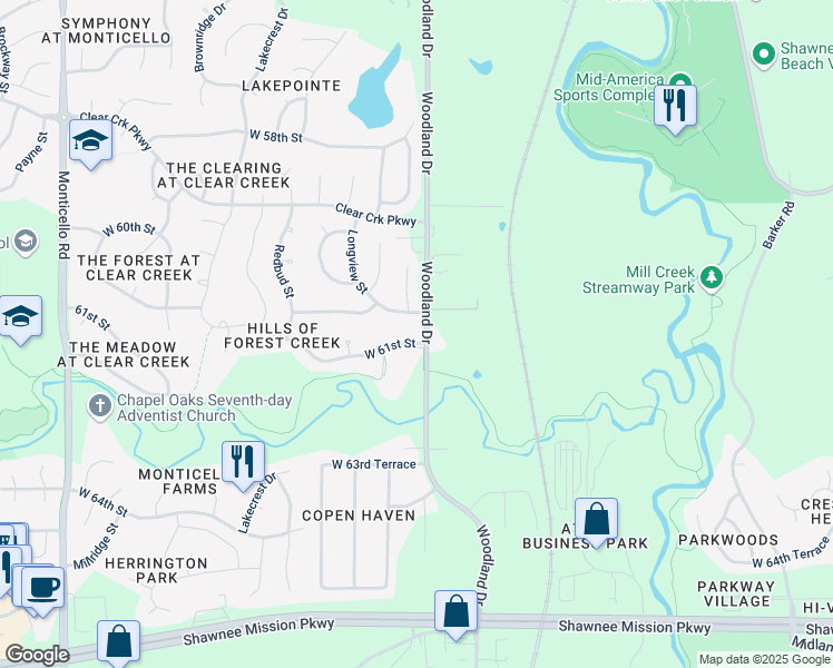 map of restaurants, bars, coffee shops, grocery stores, and more near 20700 West 61st Street in Shawnee