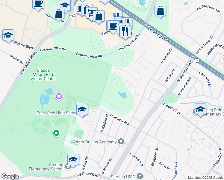 map of restaurants, bars, coffee shops, grocery stores, and more near 21630 Hawksbill High Circle in Sterling
