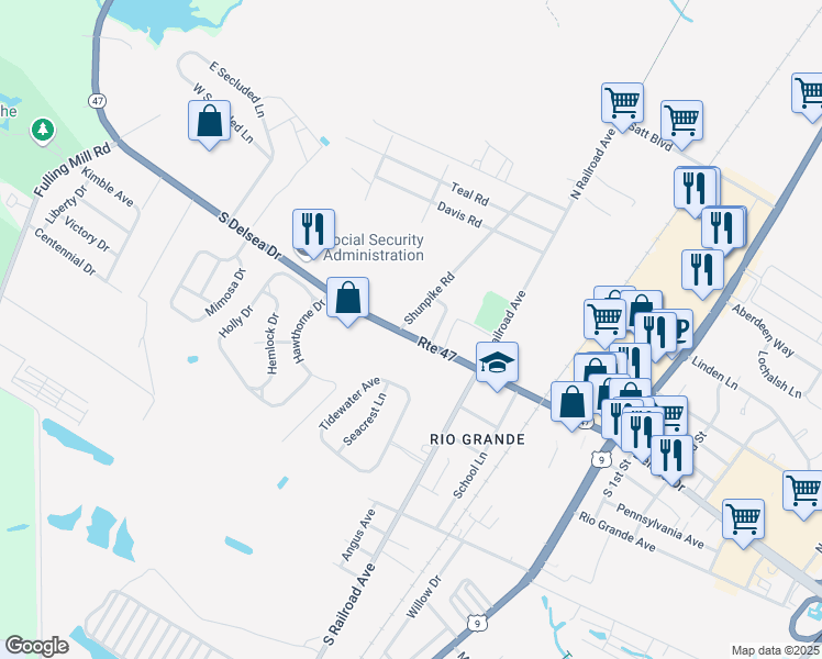 map of restaurants, bars, coffee shops, grocery stores, and more near 1072 South Delsea Drive in Middle Township