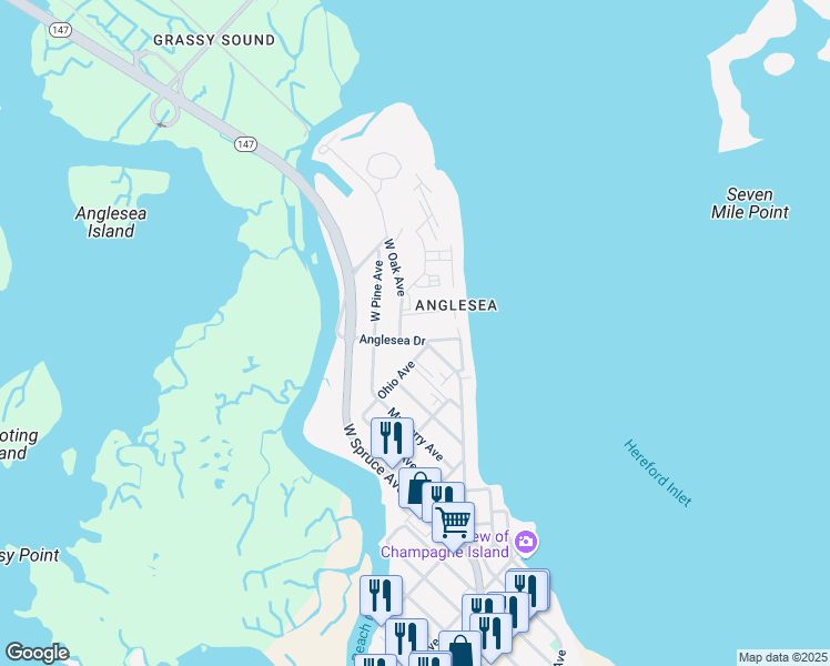 map of restaurants, bars, coffee shops, grocery stores, and more near 103 Seaview Court in North Wildwood