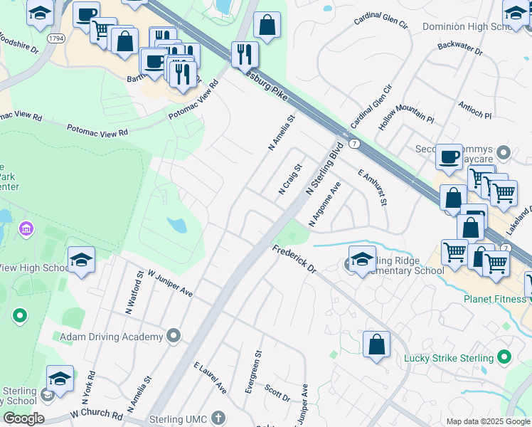 map of restaurants, bars, coffee shops, grocery stores, and more near 1515 North Dinwiddie Street in Sterling