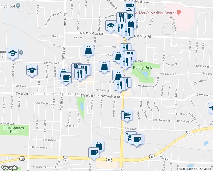 map of restaurants, bars, coffee shops, grocery stores, and more near 106 Southwest 9 Street in Blue Springs