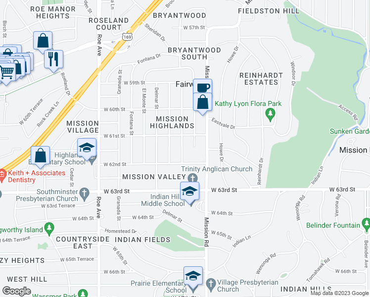 map of restaurants, bars, coffee shops, grocery stores, and more near 6115 Buena Vista Street in Fairway