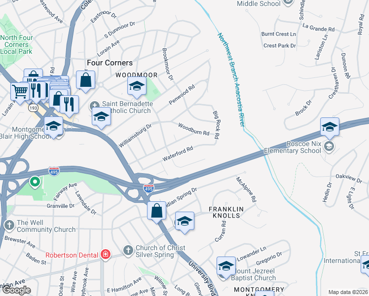 map of restaurants, bars, coffee shops, grocery stores, and more near 411 Waterford Road in Silver Spring