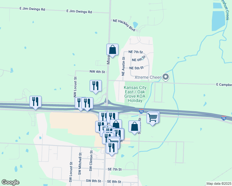 map of restaurants, bars, coffee shops, grocery stores, and more near 107 North Broadway Street in Oak Grove