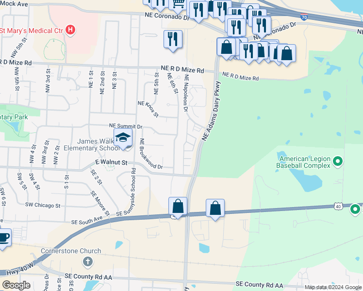 map of restaurants, bars, coffee shops, grocery stores, and more near 311 Northeast Adams Dairy Parkway in Blue Springs
