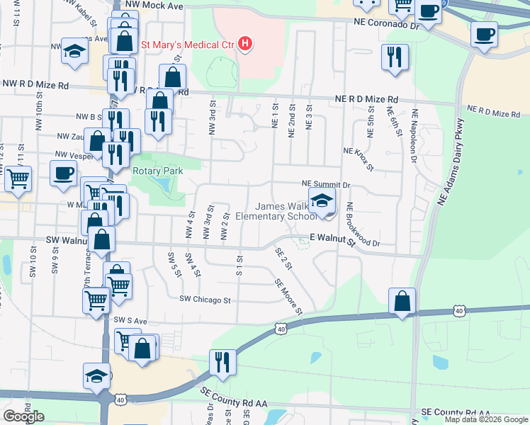 map of restaurants, bars, coffee shops, grocery stores, and more near 208 Northeast 1st Street Terrace in Blue Springs