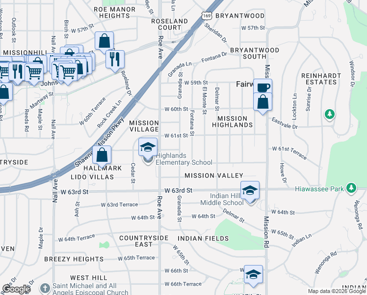 map of restaurants, bars, coffee shops, grocery stores, and more near 6119 Granada Street in Fairway