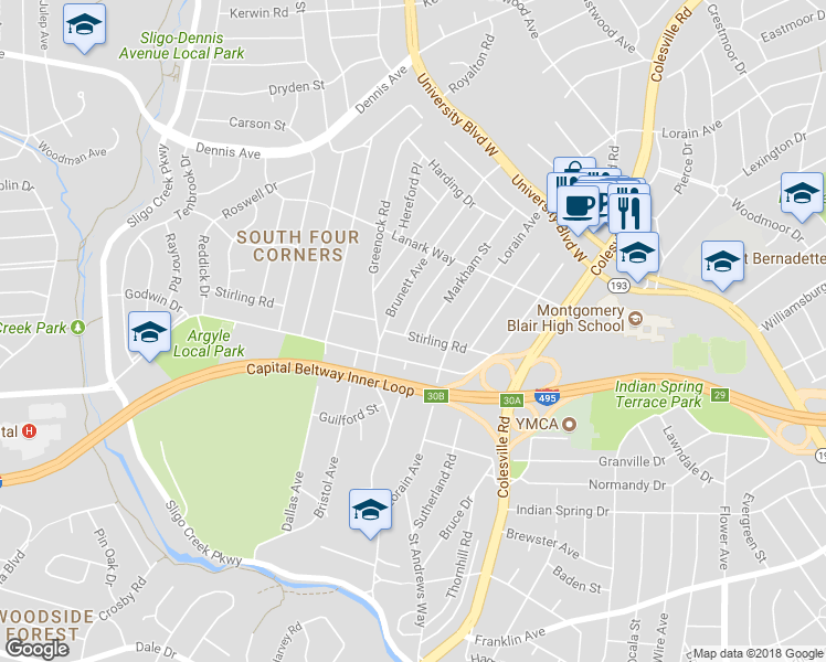 map of restaurants, bars, coffee shops, grocery stores, and more near 705 Stirling Road in Silver Spring