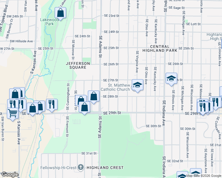 map of restaurants, bars, coffee shops, grocery stores, and more near 2720 Southeast Massachusetts Avenue in Topeka