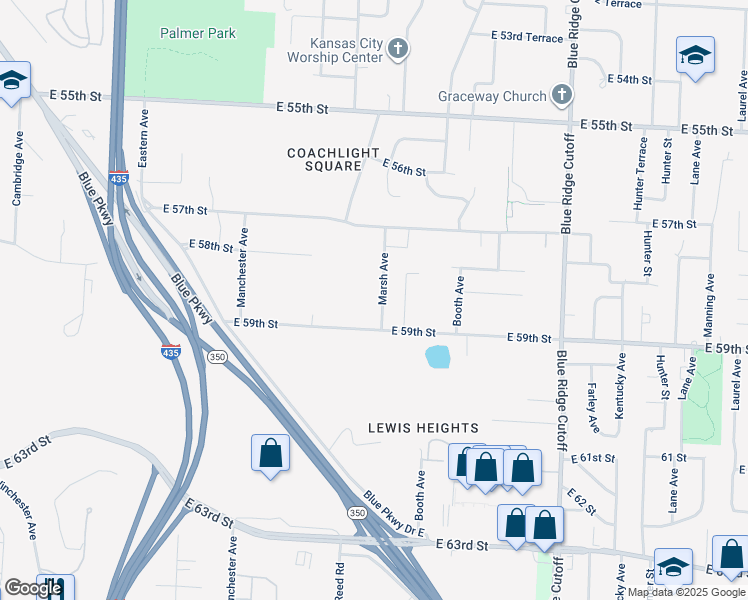 map of restaurants, bars, coffee shops, grocery stores, and more near 5808 Marsh Avenue in Kansas City