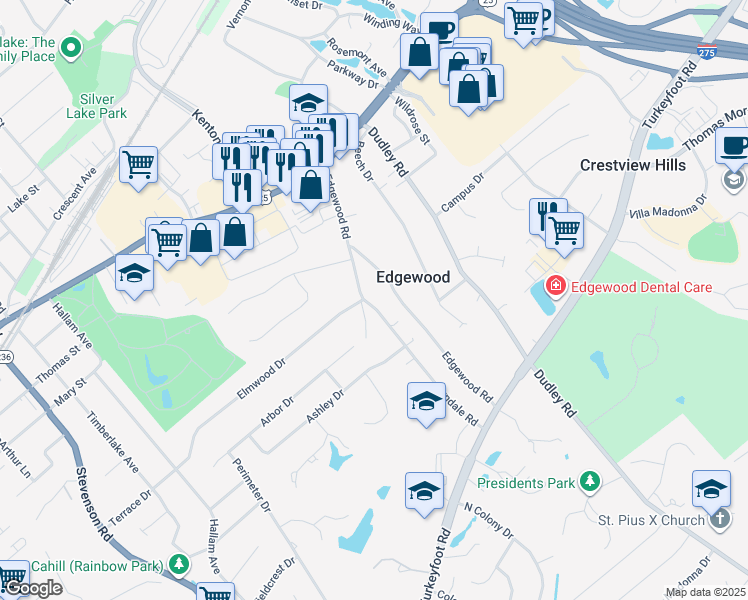 map of restaurants, bars, coffee shops, grocery stores, and more near 18 Lyndale Road in Edgewood