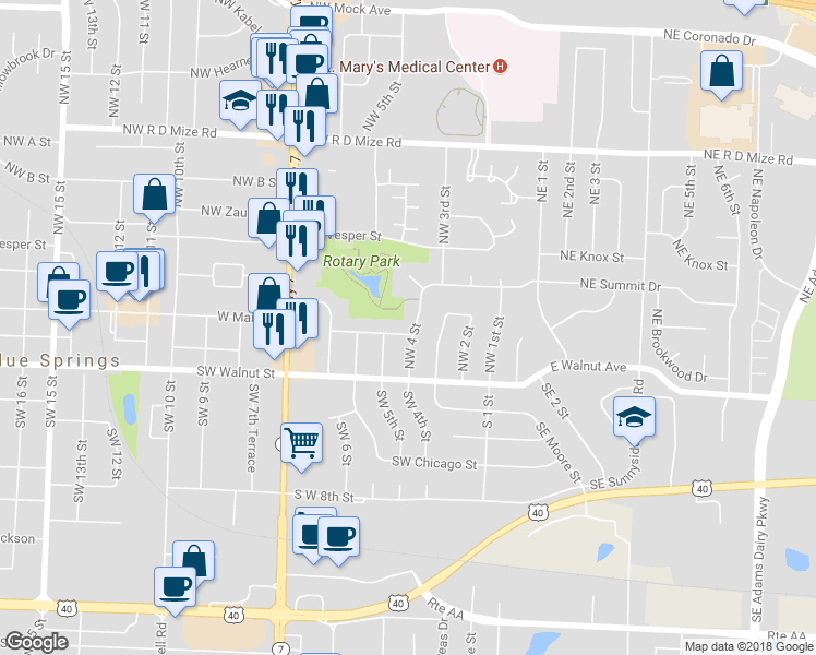 map of restaurants, bars, coffee shops, grocery stores, and more near 401 Northwest Lakeview Road in Blue Springs