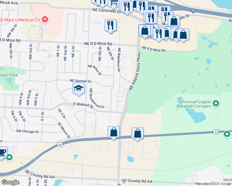 map of restaurants, bars, coffee shops, grocery stores, and more near 293 Northeast Adams Dairy Parkway in Blue Springs