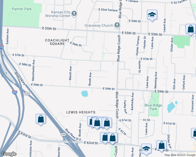 map of restaurants, bars, coffee shops, grocery stores, and more near 8625 East 58th Street in Kansas City