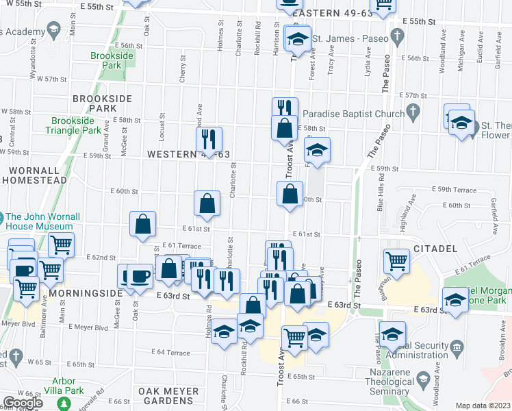 map of restaurants, bars, coffee shops, grocery stores, and more near 6009 Rockhill Road in Kansas City