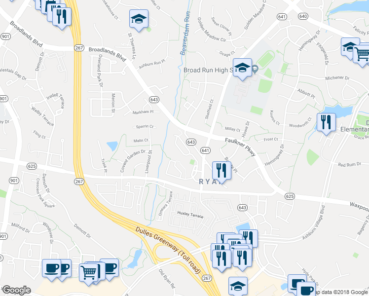 map of restaurants, bars, coffee shops, grocery stores, and more near 21635 Monmouth Terrace in Ashburn