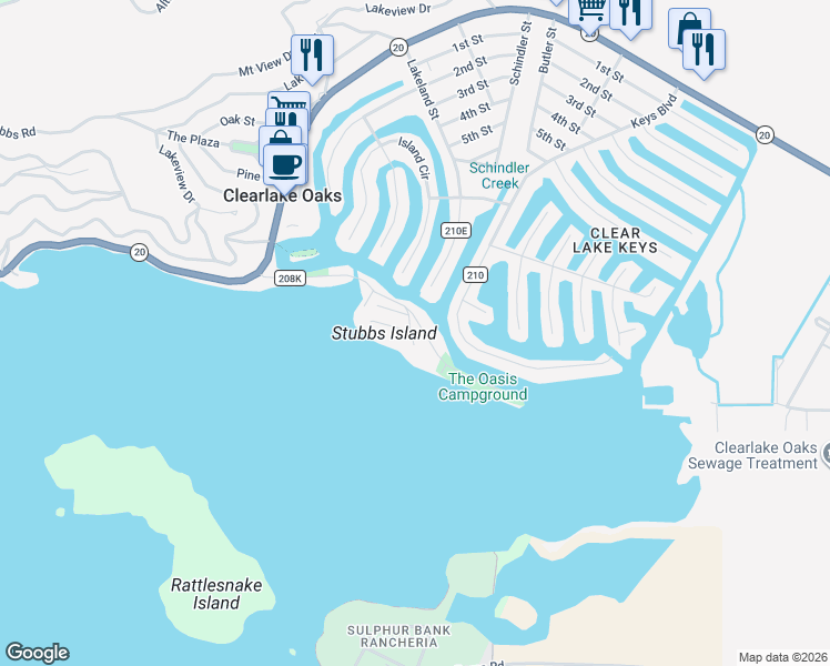 map of restaurants, bars, coffee shops, grocery stores, and more near 12927 Oak Knoll Avenue in Clearlake Oaks