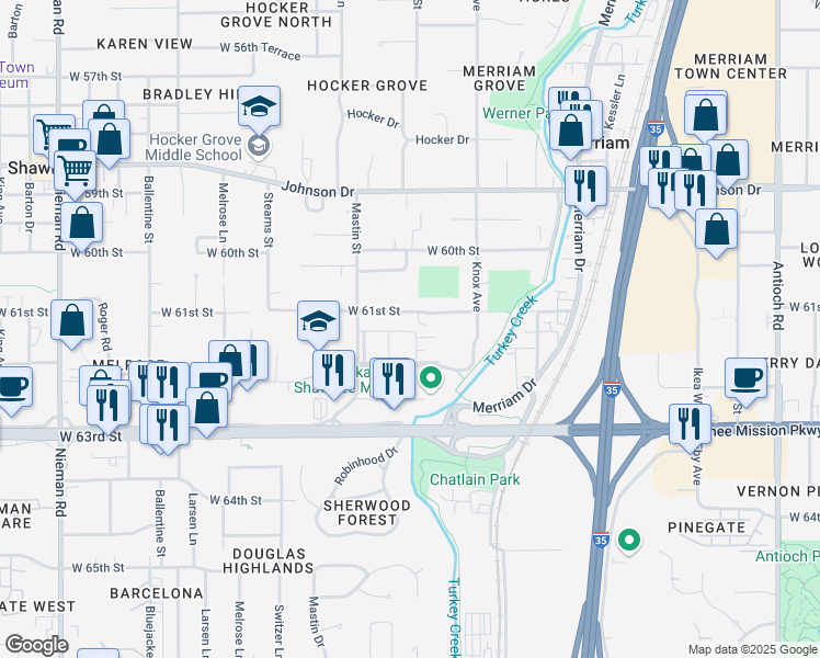 map of restaurants, bars, coffee shops, grocery stores, and more near 55 Calle Sombrio Street in Merriam