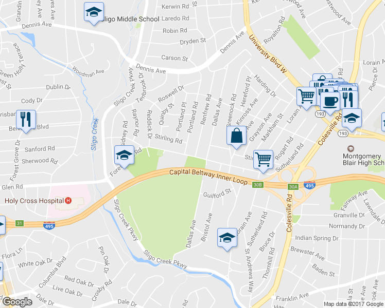 map of restaurants, bars, coffee shops, grocery stores, and more near 909 Forest Glen Rd in Silver Spring