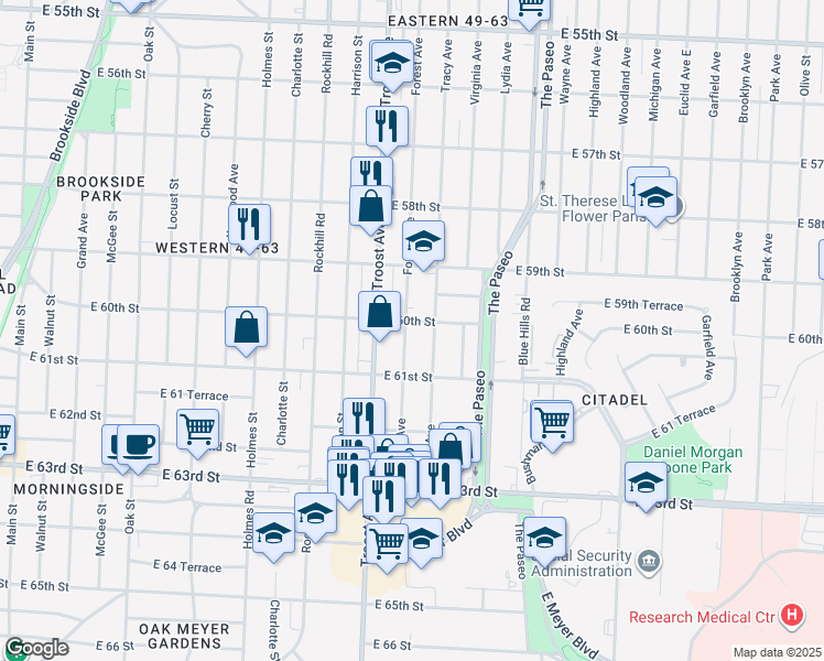 map of restaurants, bars, coffee shops, grocery stores, and more near 6005 Forest Avenue in Kansas City