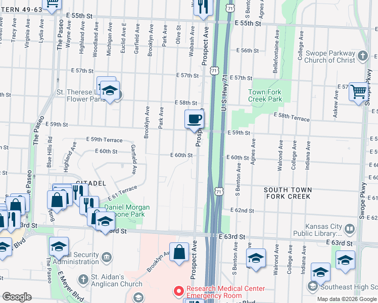map of restaurants, bars, coffee shops, grocery stores, and more near 5931 Wabash Avenue in Kansas City