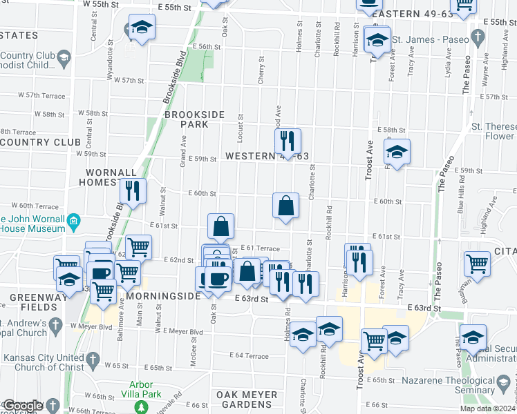 map of restaurants, bars, coffee shops, grocery stores, and more near 6015 Cherry Street in Kansas City
