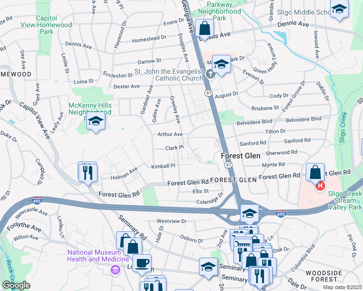 map of restaurants, bars, coffee shops, grocery stores, and more near 2123 Clark Place in Silver Spring