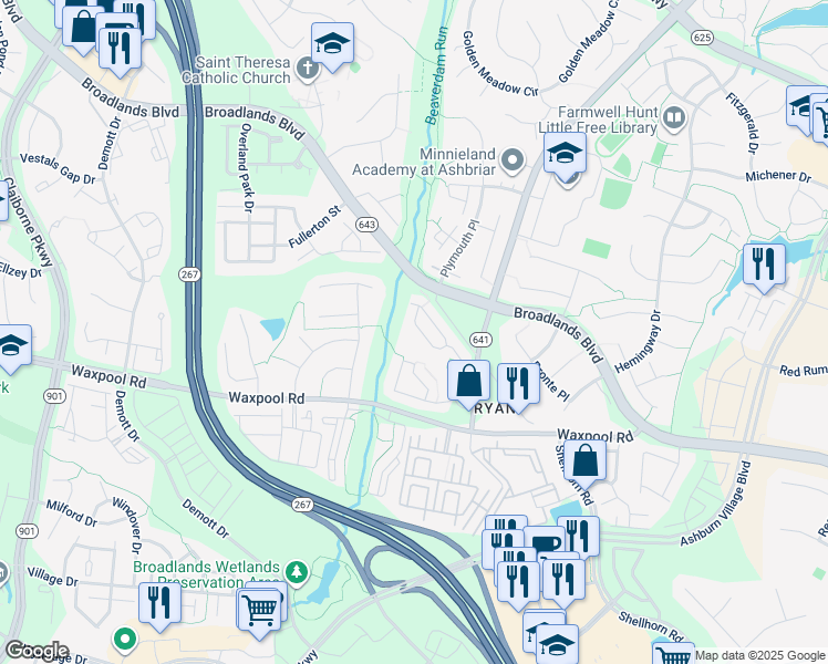 map of restaurants, bars, coffee shops, grocery stores, and more near 21633 Kings Crossing Terrace in Ashburn