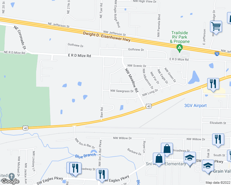 map of restaurants, bars, coffee shops, grocery stores, and more near 1209 Northwest Sawgrass Drive in Grain Valley