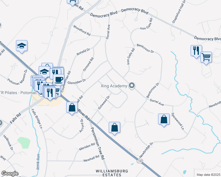 map of restaurants, bars, coffee shops, grocery stores, and more near 9805 Clydesdale Street in Rockville
