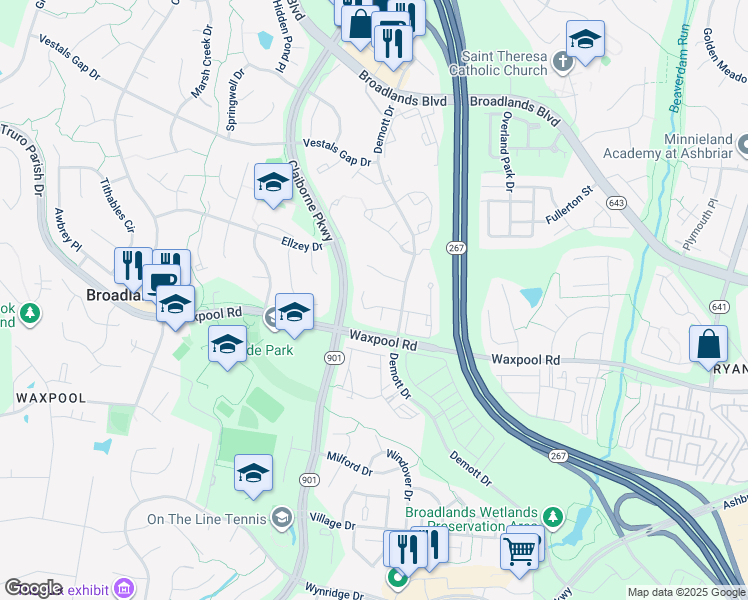 map of restaurants, bars, coffee shops, grocery stores, and more near 43138 Arundell Court in Broadlands
