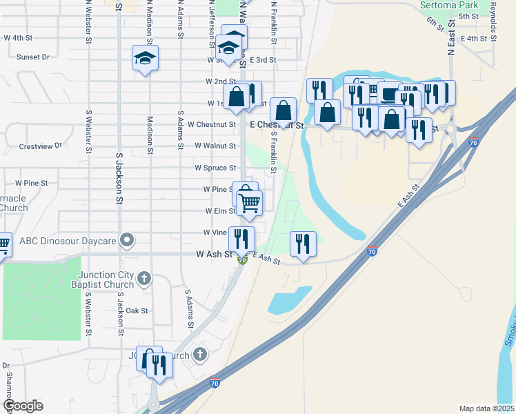 map of restaurants, bars, coffee shops, grocery stores, and more near 122 East Elm Street in Junction City